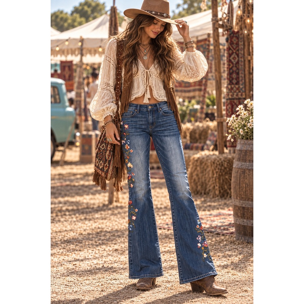 Driftwood Kelly Mid Rise Bootcut Floral Embroidered Jeans Blue 26
